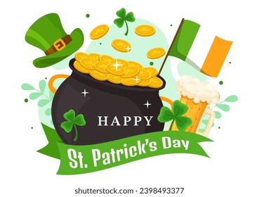 Happy St Patrick's Day Vector Illustration on 17 March with Golden Coins, Green Hat, Beer Pub and Shamrock in Flat Cartoon Background Design