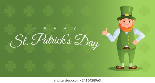 Happy St. Patricks Day vector banner with leprechaun. Green pattern background with clover leaves. Cartoon style vector illustration.