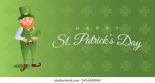 Happy St. Patricks Day vector banner with leprechaun and clover. Green pattern background with clover leaves. Cartoon style vector illustration.