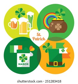 Happy St. Patrick's Day vector illustration icon set. Traditional irish symbols in modern flat style. Design elements for Irish poster, banner.