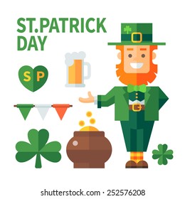 Happy St. Patrick's Day vector flat illustration. Traditional irish symbols in modern flat style. Design elements for Irish poster, banner.