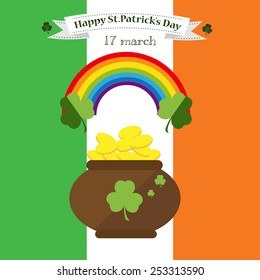 Happy St. Patrick's Day vector lettering illustration with clover leaves.Traditional irish symbols in modern flat style.