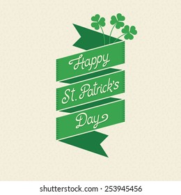 Happy St. Patrick's Day vector lettering on a green ribbon with shamrock in retro style