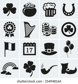 Happy St. Patrick's Day! Vector collection of holiday icons. Set of 16 silhouette black symbols.  