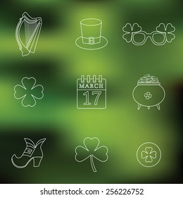 Happy St. Patrick's Day vector line Icons on blured background. Traditional irish symbols