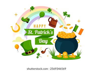 Happy St. Patrick's Day Vector Illustration on March 17 Featuring Golden Coins, a Green Hat, Beer, and Shamrocks in a Flat Style Cartoon Background