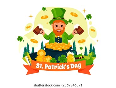 Happy St. Patrick's Day Vector Illustration on March 17 Featuring Golden Coins, a Green Hat, Beer, and Shamrocks in a Flat Style Cartoon Background