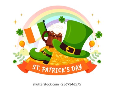 Happy St. Patrick's Day Vector Illustration on March 17 Featuring Golden Coins, a Green Hat, Beer, and Shamrocks in a Flat Style Cartoon Background