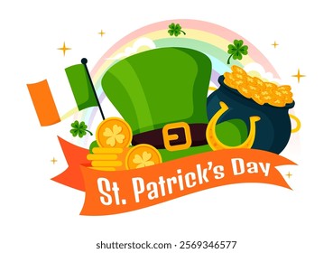 Happy St. Patrick's Day Vector Illustration on March 17 Featuring Golden Coins, a Green Hat, Beer, and Shamrocks in a Flat Style Cartoon Background