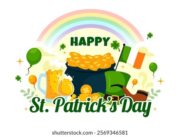 Happy St. Patrick's Day Vector Illustration on March 17 Featuring Golden Coins, a Green Hat, Beer, and Shamrocks in a Flat Style Cartoon Background