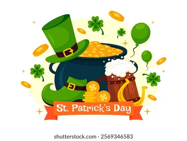 Happy St. Patrick's Day Vector Illustration on March 17 Featuring Golden Coins, a Green Hat, Beer, and Shamrocks in a Flat Style Cartoon Background