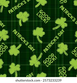 Happy St. Patrick's Day. Vector chequered seamless pattern with clover in green colors. Surface design for textile, fabric, wrapping, gift wrap, paper, scrapbook and packaging seamless pattern.