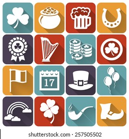 Happy St. Patrick's Day! Vector collection of holiday icons in flat style with long shadows. Set of 16 white silhouette symbols on a colored plates.  