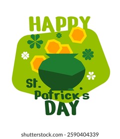 Happy St. Patrick's Day vector card. Bright holiday celebration illustration. Big rough-shaped pot icon, many large golden coins. Leprechaun's Treasure. Cartoon flat art. Cute graphic drawn element