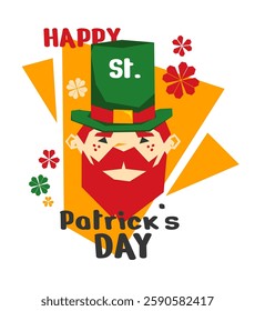 Happy St. Patrick's Day vector card. Leprechaun head in big top hat. Freckled face. Bright holiday design. Graphic drawn illustration. Cute festive art. Cartoon rough icon. Funny flat  event ad layout