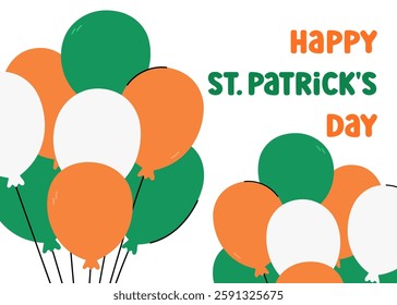 Happy St Patricks Day vector illustration. Cute colorful balloons bunch in traditional Irish colors green, orange and white. Saint Patrick Day celebration March 17 horizontal greeting card, poster.