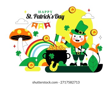 Ilustración vectorial feliz del día de San Patricio el 17 de marzo con monedas de oro, sombrero verde, cerveza y tréboles en fondo de dibujos animados de estilo plano