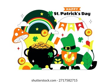 Feliz Dia de São Patrício Ilustração Vetorial em 17 de março Apresentando Moedas de Ouro, Chapéu Verde, Cerveja e Shamrocks em Plano de Fundo de Desenho Animado de Estilo Plano