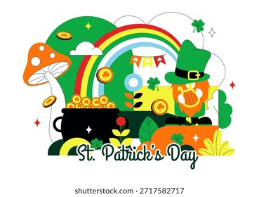 Feliz Dia de São Patrício Ilustração Vetorial em 17 de março Apresentando Moedas de Ouro, Chapéu Verde, Cerveja e Shamrocks em Plano de Fundo de Desenho Animado de Estilo Plano