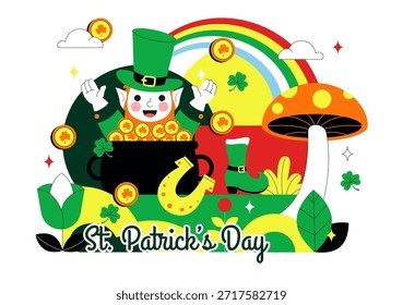 Feliz Dia de São Patrício Ilustração Vetorial em 17 de março Apresentando Moedas de Ouro, Chapéu Verde, Cerveja e Shamrocks em Plano de Fundo de Desenho Animado de Estilo Plano