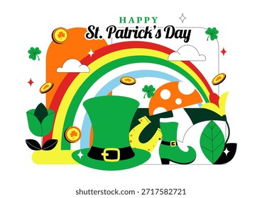 Ilustración vectorial feliz del día de San Patricio el 17 de marzo con monedas de oro, sombrero verde, cerveza y tréboles en fondo de dibujos animados de estilo plano