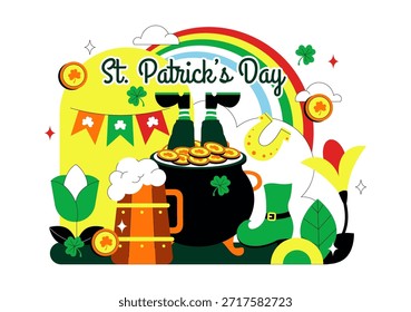 Feliz Dia de São Patrício Ilustração Vetorial em 17 de março Apresentando Moedas de Ouro, Chapéu Verde, Cerveja e Shamrocks em Plano de Fundo de Desenho Animado de Estilo Plano