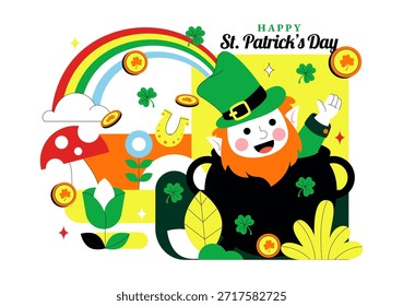 Feliz Dia de São Patrício Ilustração Vetorial em 17 de março Apresentando Moedas de Ouro, Chapéu Verde, Cerveja e Shamrocks em Plano de Fundo de Desenho Animado de Estilo Plano