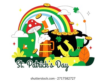 Ilustración vectorial feliz del día de San Patricio el 17 de marzo con monedas de oro, sombrero verde, cerveza y tréboles en fondo de dibujos animados de estilo plano