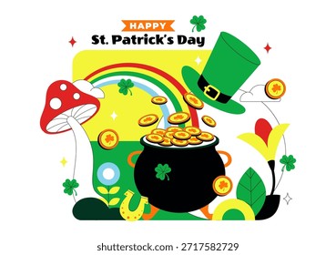 Feliz Dia de São Patrício Ilustração Vetorial em 17 de março Apresentando Moedas de Ouro, Chapéu Verde, Cerveja e Shamrocks em Plano de Fundo de Desenho Animado de Estilo Plano