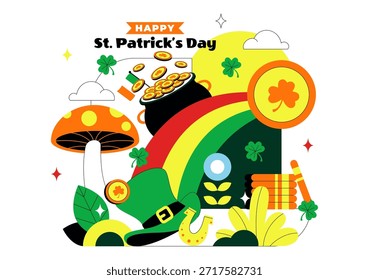Feliz Dia de São Patrício Ilustração Vetorial em 17 de março Apresentando Moedas de Ouro, Chapéu Verde, Cerveja e Shamrocks em Plano de Fundo de Desenho Animado de Estilo Plano