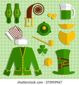 Happy St. Patrick's Day vector illustration cartoon icon set. Traditional irish symbols in  flat style.