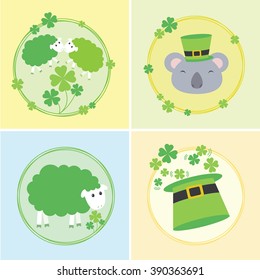 Happy St. Patrick's Day vector illustration set. Traditional irish symbols in modern flat style. Design elements for Irish poster, banner. Koala, sheep, Irish hat, green clover.