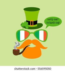 Happy St. Patrick's day!  Vector flat design icon on Saint Patrick's Day character leprechaun with green hat, red mustache and beard, tobacco pipe, text cloud, glasses with Irish flag and no face