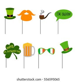 Happy St. Patrick's day! Vector set photo props. Elements for photographing including green hat, red mustache and beard, tobacco pipe, text cloud, clover, mug of beer, glasses with Irish flag