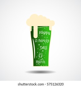 Happy St. Patrick's Day vector poster on the gradient gray background with shadow and  glass of beer.