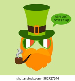 Happy St. Patrick's day!  Vector flat design icon on Saint Patrick's Day character leprechaun with green hat, red mustache and beard, tobacco pipe, text cloud, glasses with Irish flag and no face