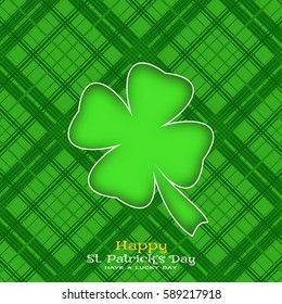 Happy St. Patrick's Day vector poster on the green line pattern background, leaf of clover silhouette cut from paper, shadow, text.