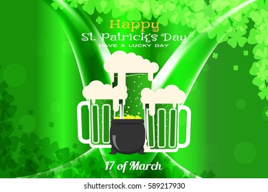 Happy St. Patrick's Day vector poster on the gradient dark green background with waves, goblets of beer and cauldron with coins.