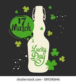Happy St. Patrick's Day. Vector illustration with beer bottle and congratulations in sketch style. Drink menu for celebration. Irish tradition.