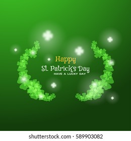 Happy St. Patrick's Day vector card on the gradient dark green background with text, glow silhouettes and clover leaves arranged at the center.