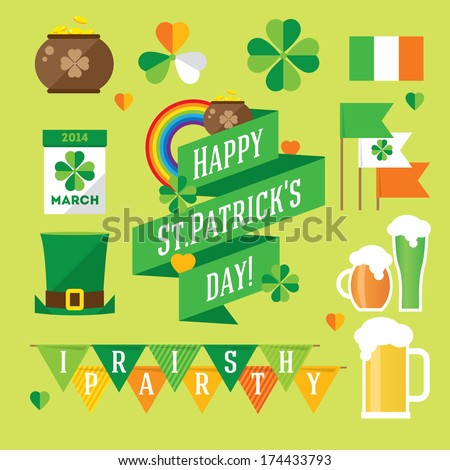 Happy St. Patrick's Day vector illustration icon set. Traditional irish symbols in modern flat style. Design elements for Irish poster, banner.