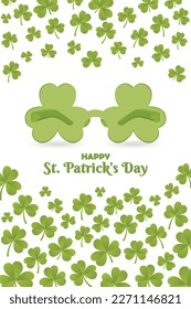 Happy St. Patricks Day Vertical Background Banner. Unique 90s theme throwback funky party sunglasses vector illustration. Realistic Shamrock leaves pattern. Website header Promotion Graphic resource