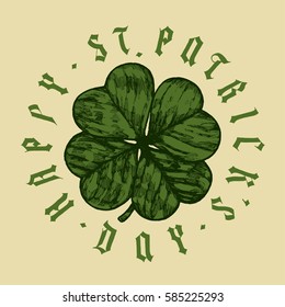 happy St. Patrick's Day vintage shamrock round label with medieval gothic letters