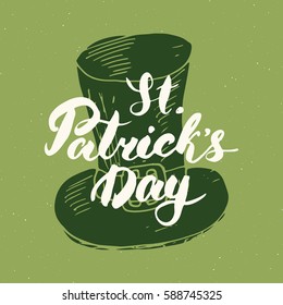 Happy St Patrick's Day Vintage greeting card Hand lettering on leprechaun hat silhouette, Irish holiday grunge textured retro design vector illustration.