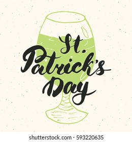 Happy St Patrick's Day Vintage greeting card Hand lettering on beer cup silhouette, Irish holiday grunge textured retro design vector illustration