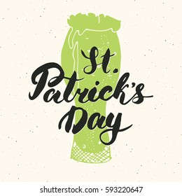 Happy St Patrick's Day Vintage greeting card Hand lettering on beer cup silhouette, Irish holiday grunge textured retro design vector illustration.