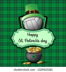 Happy St. Patricks day. Volleyball logo template design. Volleyball ball with St. Patrick hat and pot with gold. Pattern for banner, poster, greeting card, party invitation. Vector illustration