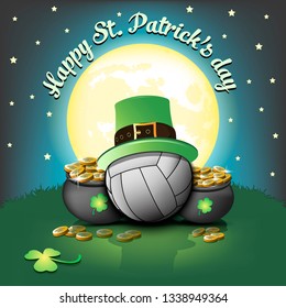 Happy St. Patricks day. Volleyball ball with St. Patrick hat and pot with gold on the background of the moon. Pattern for banner, poster, greeting card, invitation. Vector illustration