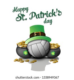 Happy St. Patricks day. Volleyball ball with St. Patrick hat and pot with gold on an isolated background. Pattern for banner, poster, greeting card, invitation. Vector illustration