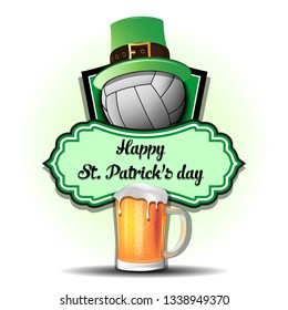 Happy St. Patricks day. Volleyball logo template design. Volleyball ball with St. Patrick hat and mug of beer. Pattern for banner, poster, greeting card, party invitation. Vector illustration